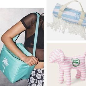 NEW Victoria's Secret 2023 Beach Towel Green Cooler Bag & LOVE PINK Mini Dog